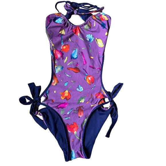 La Perla Reversible Monokini Swim Suit Blue Floral Small 32B - Picture 2 of 6